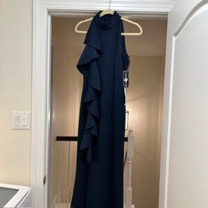 Jessica Howard Women's Navy Ruffled Mock-Neck Gown Size 8 NWT